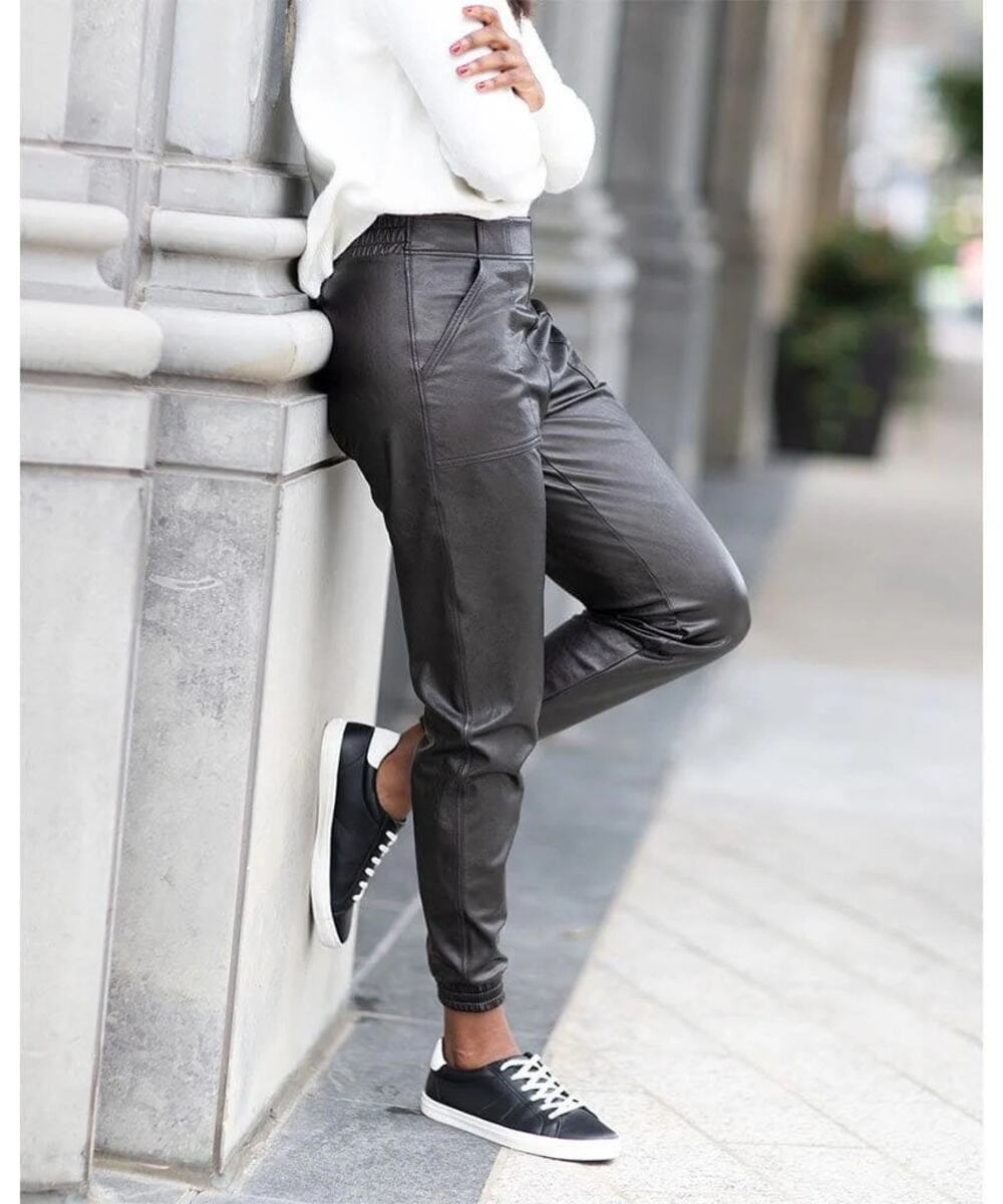 SPANX Women's Leather Like Joggers Black Large NWT